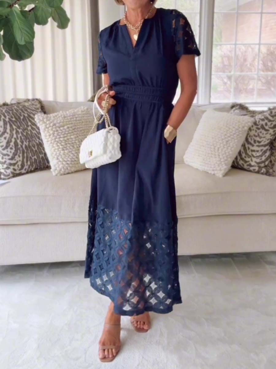 V-neck Lace Patchwork Maxi Dress