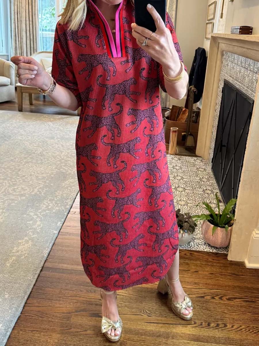 Stand Collar Printed Slit Hem Dress