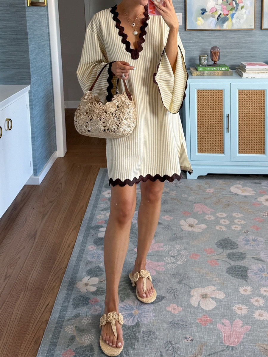 Long Bell Sleeves V-neck Patchwork Dress