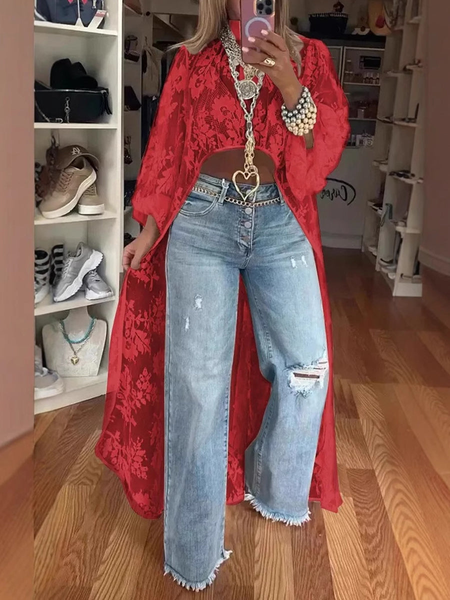 Lace Floral Long Sleeve See-through Top