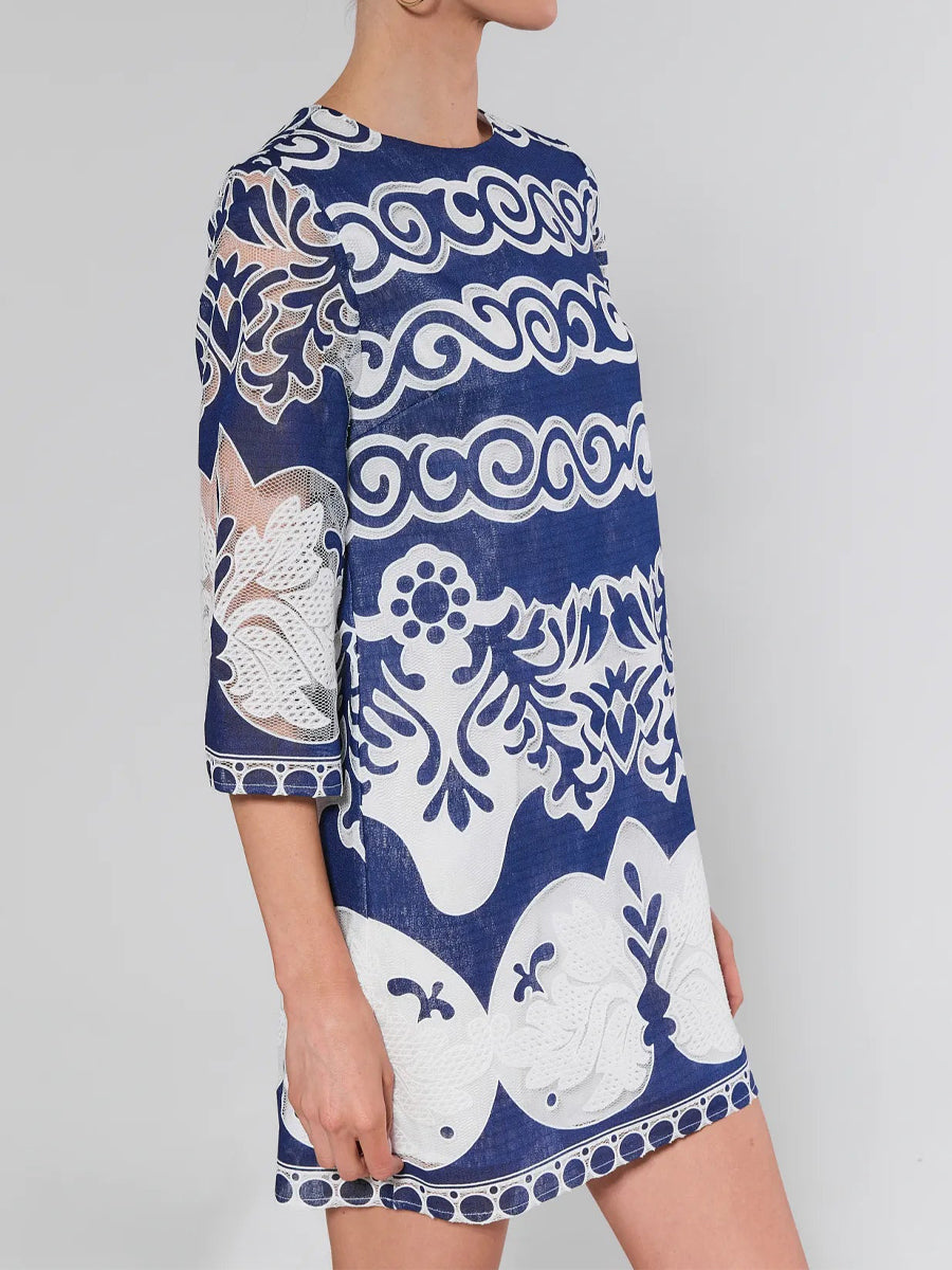 Embroidered Sheer Details 3/4 sleeves A-line Mini Dress