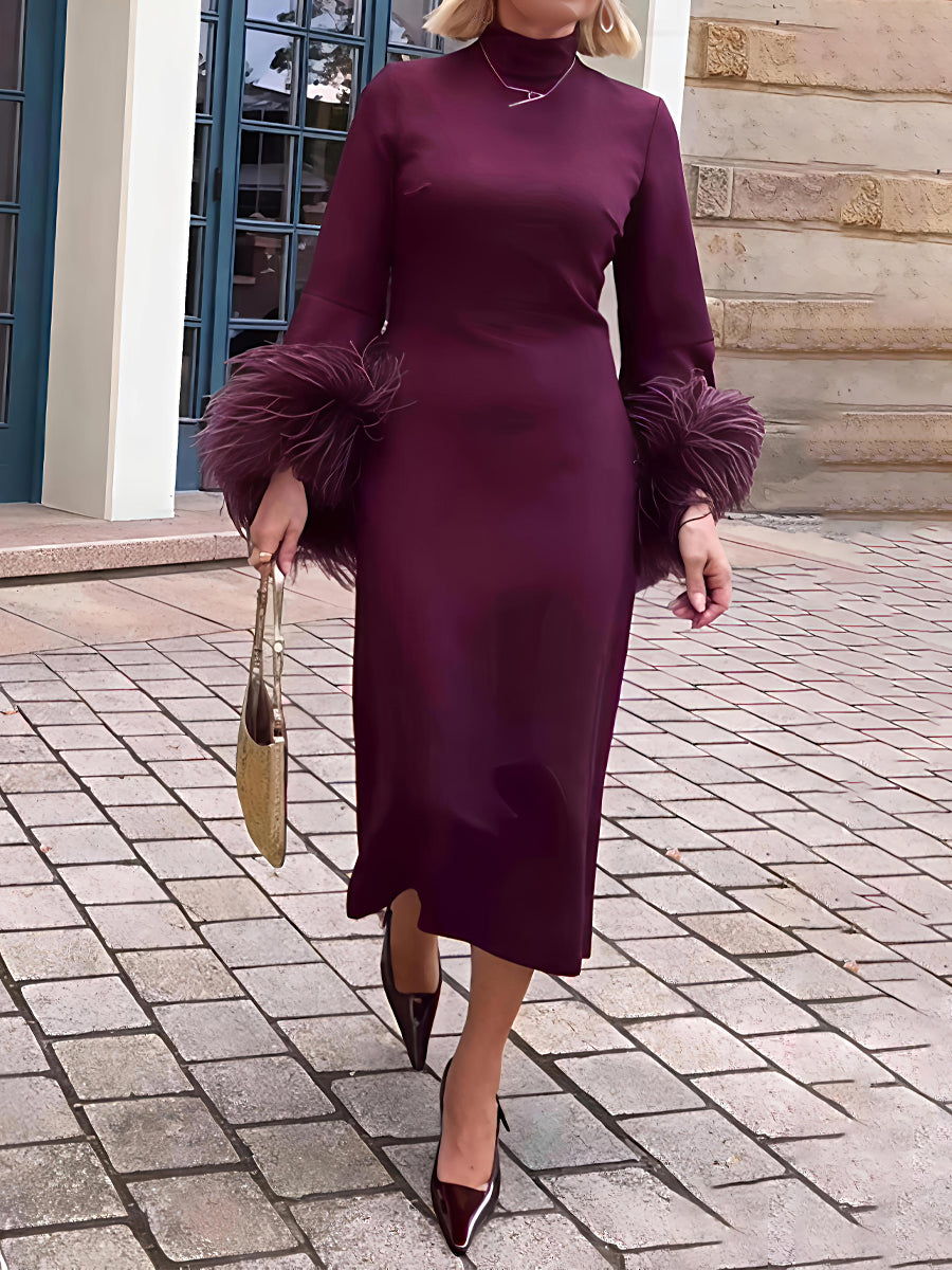 Feather Trim Stand-up Collar Elegant Dress