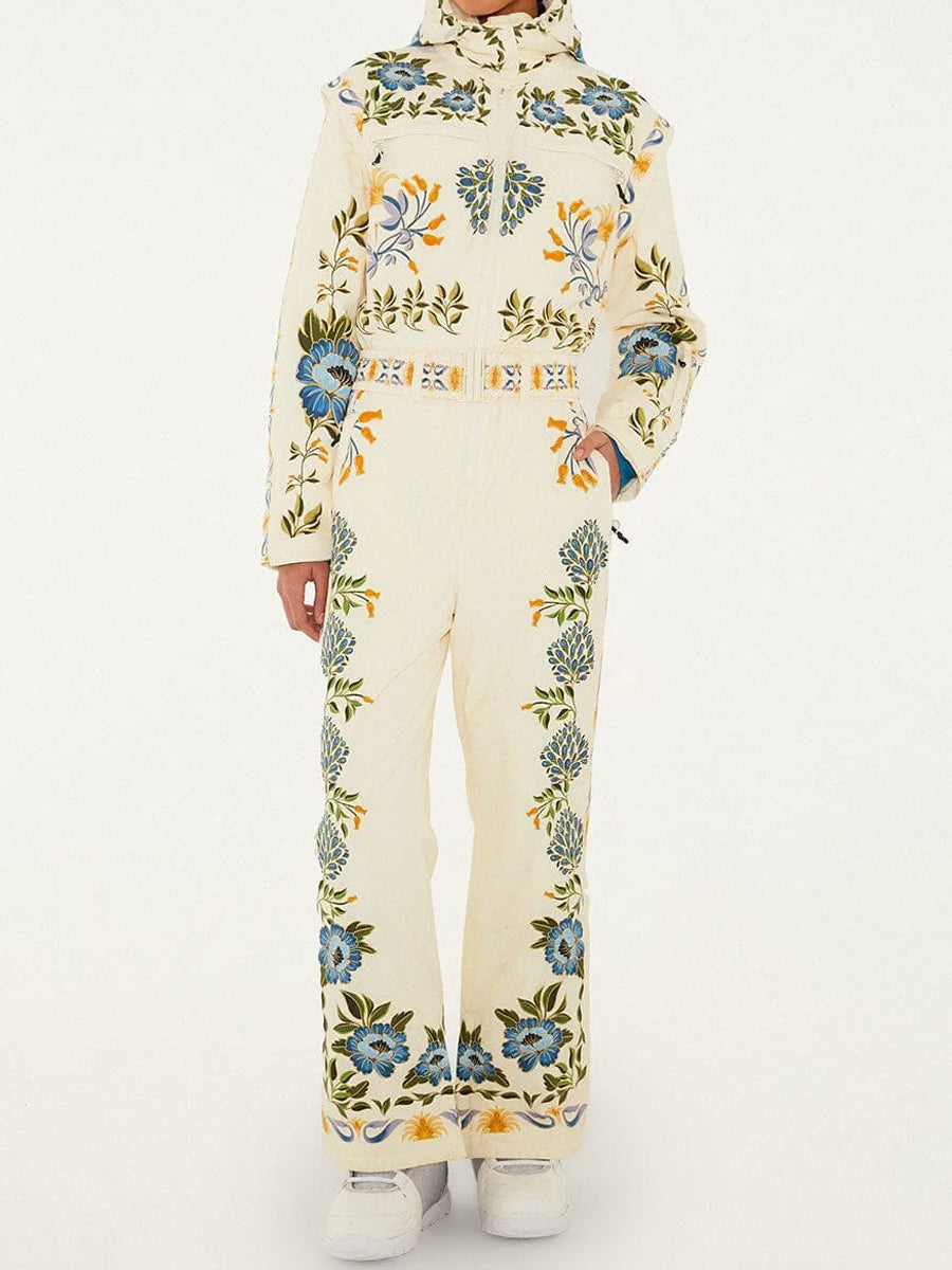 Winter Printed Hooded Belted Ski Jumpsuit