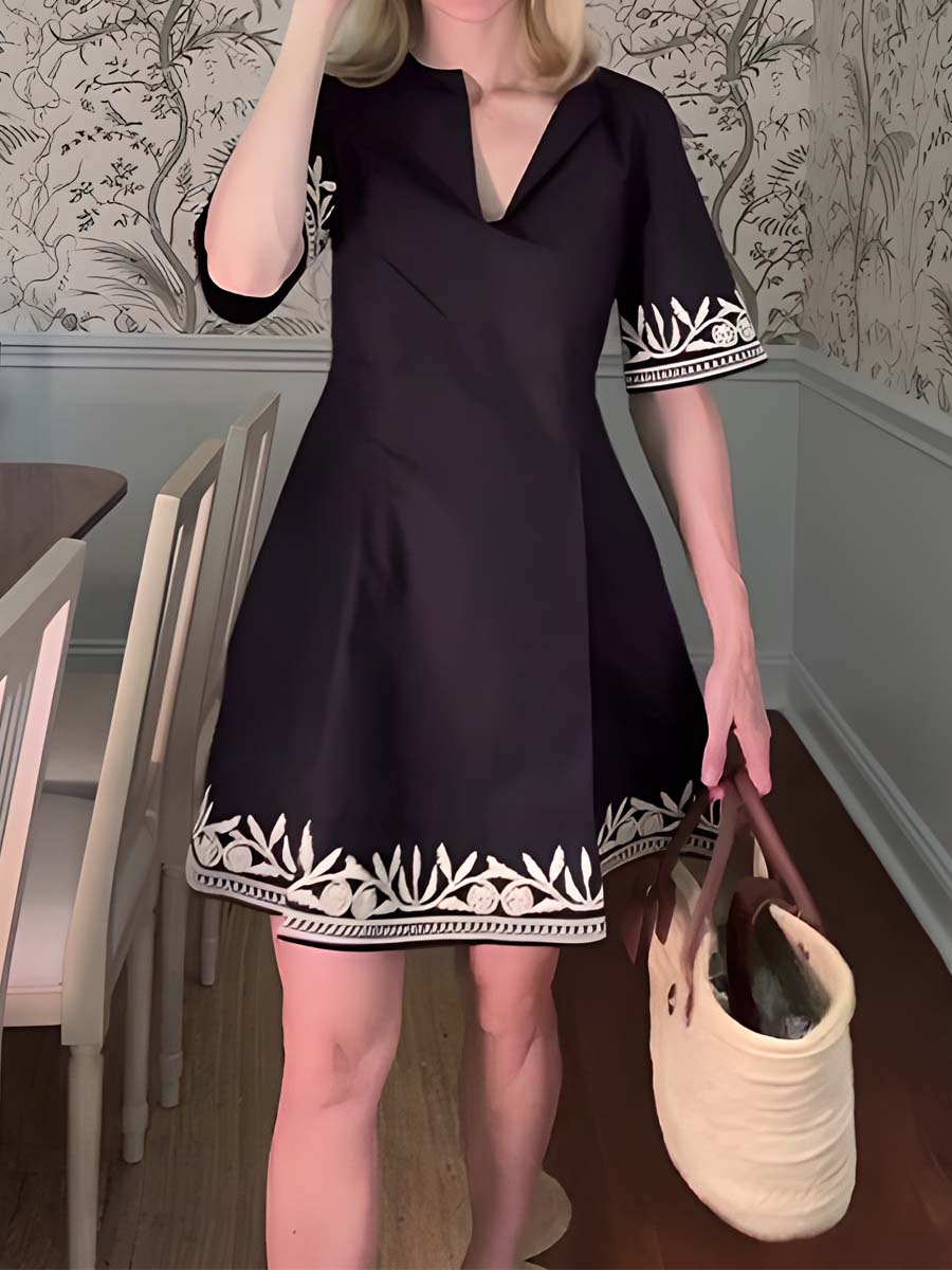 Embroidered Split Neck Mini Dress
