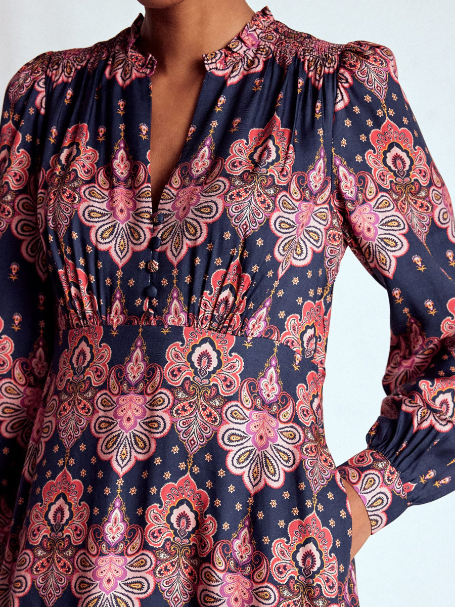 Printed V Neck Long Sleeve Dress