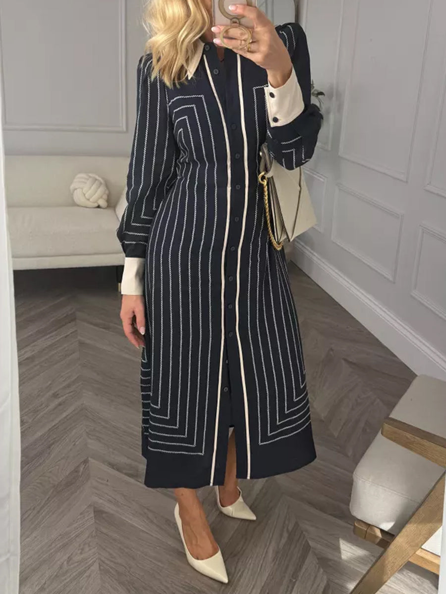 Patchwork Striped Midi Shirt Dress