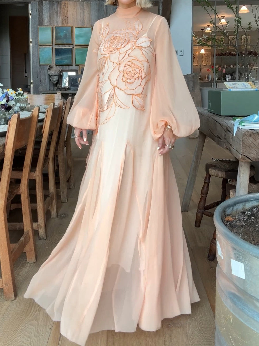 Applique Floral Tie Neck Blouson Sleeve Maxi Dress