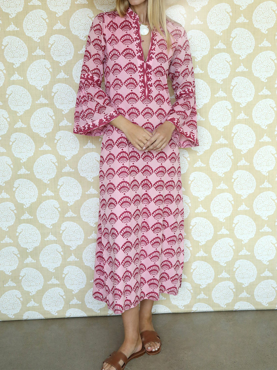 Shell Print Flared Sleeve Loose Cotton Maxi Dress