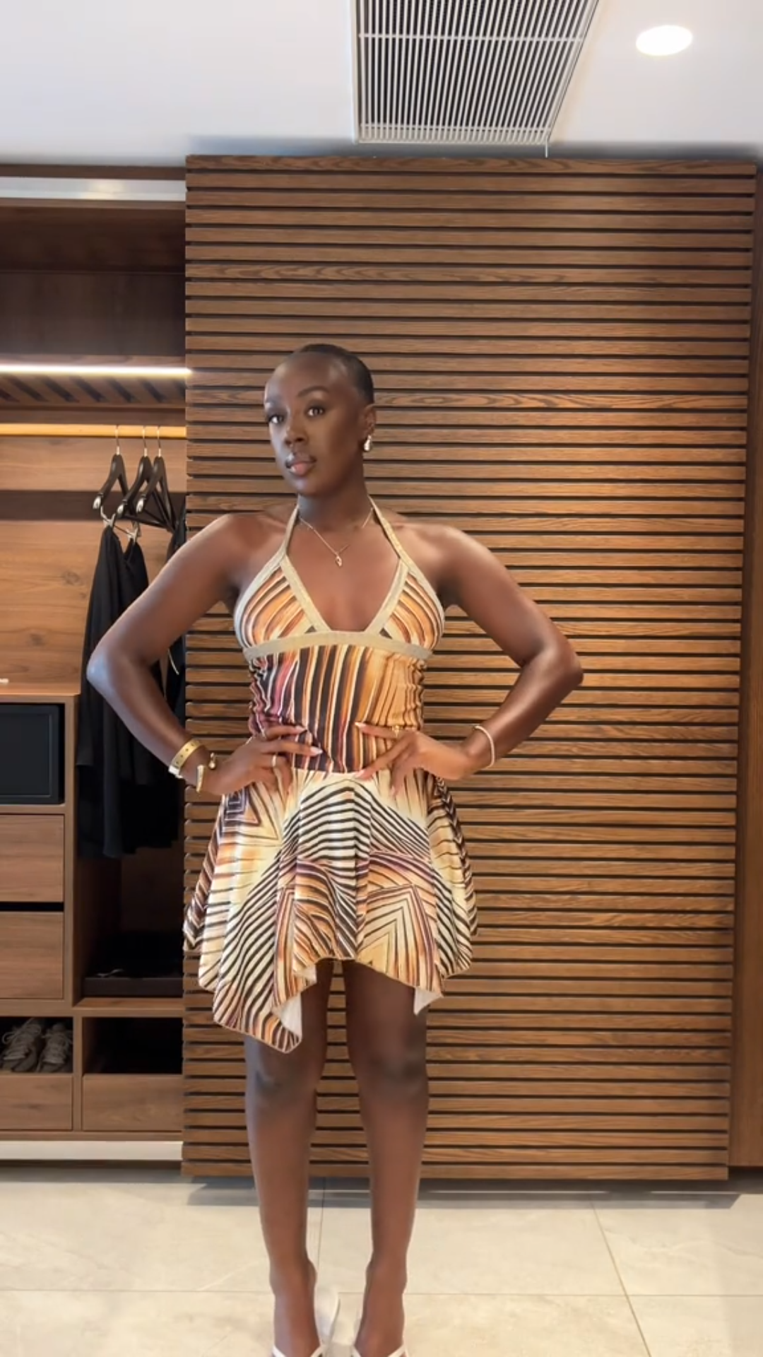 Brown Sleeveless Abstract Print Mini Dress