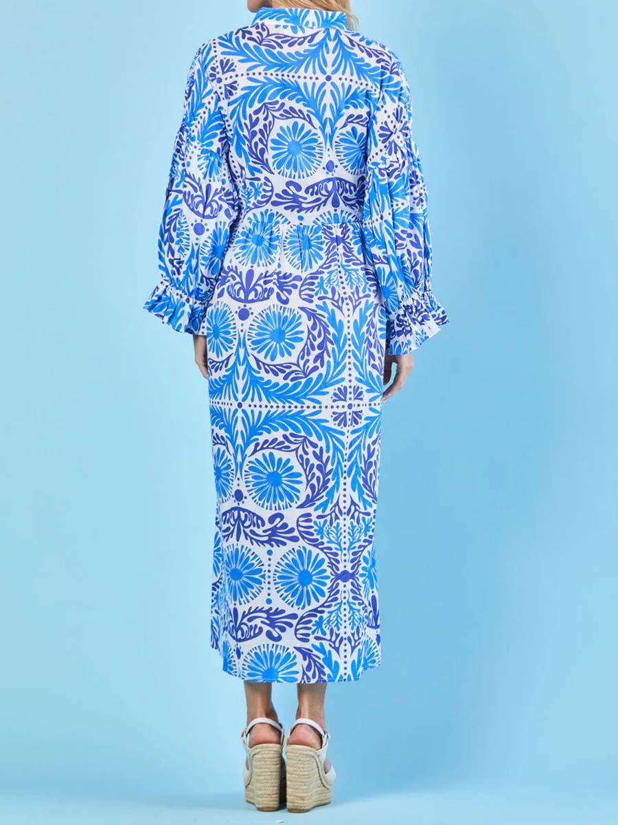 Printed Long Sleeve Belted Dress