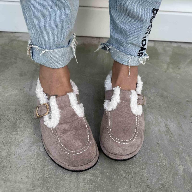 Suede Fur Detail Buckle Women's Loafers