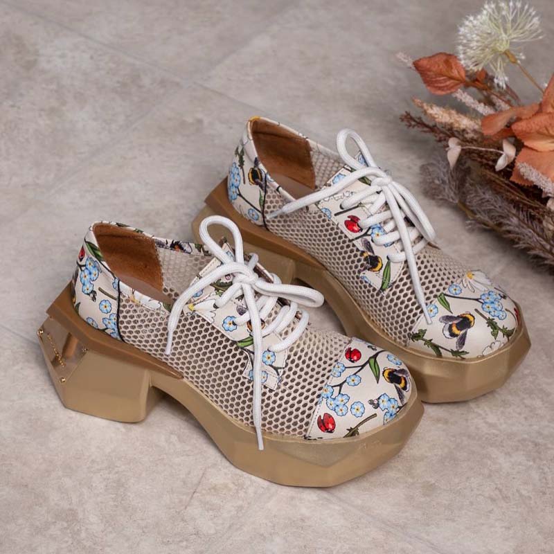 Mesh Cutout Lace-Up Platform Shoes