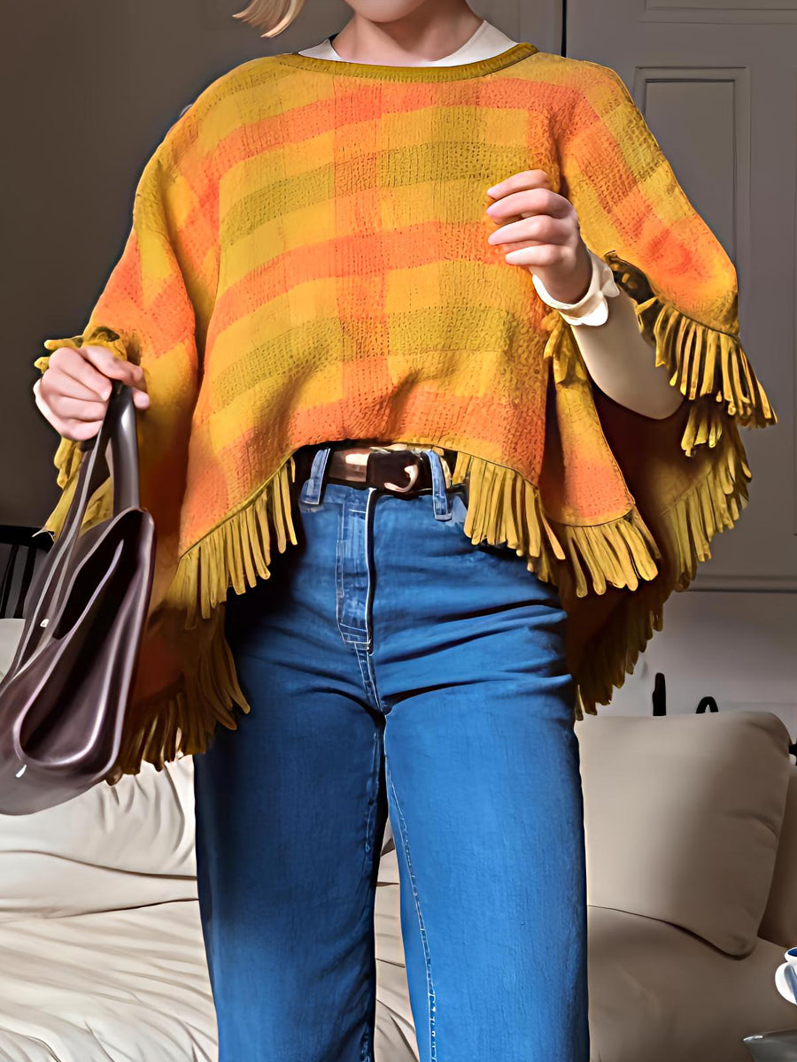 Plaid Print Tassel Hem Mohair Shawl