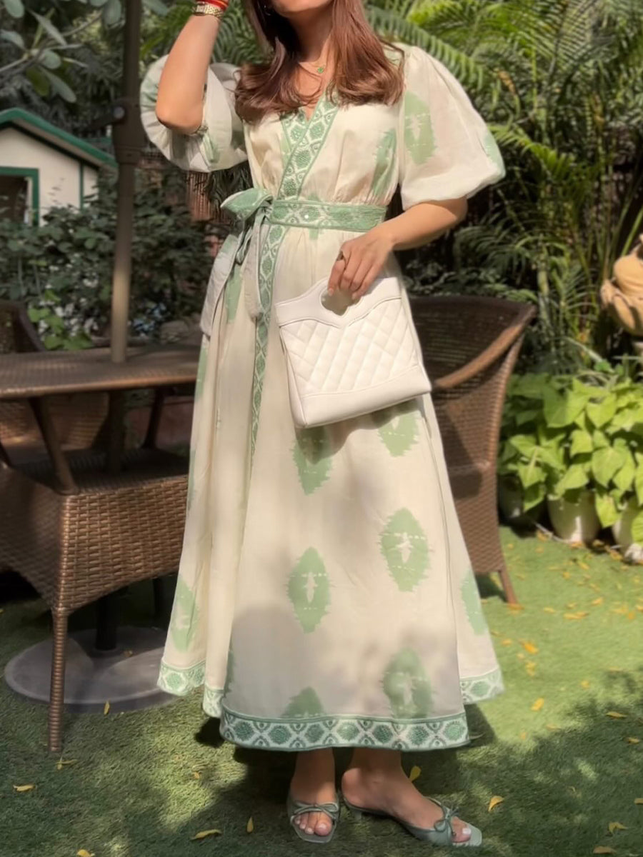 Printed Belted V Neck Wrap Dress