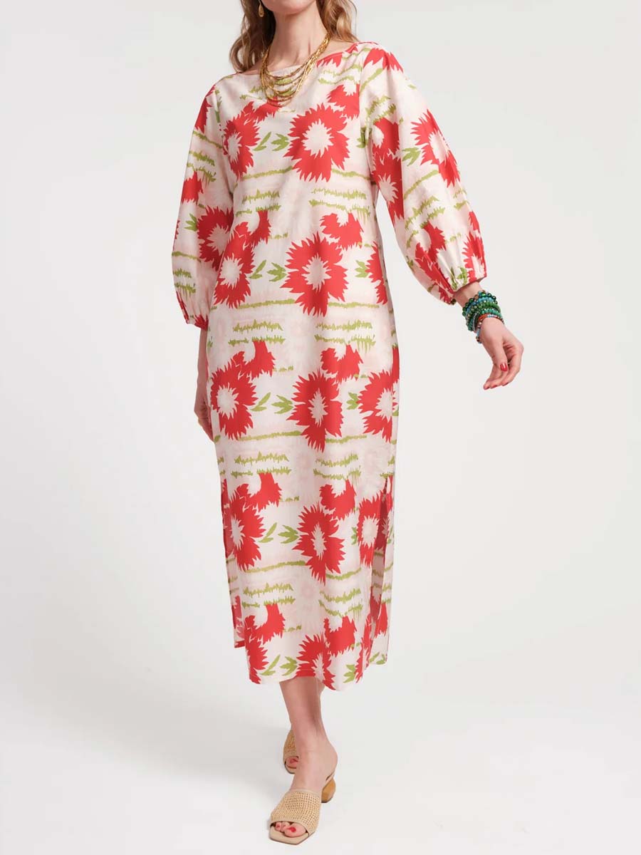 Printed Long Sleeve Slit Hem Dress