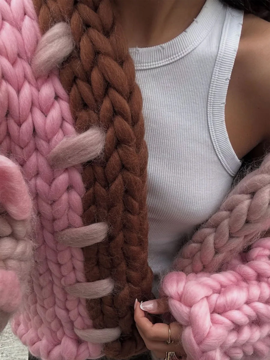 Asymmetrical Color Block Knit Balloon Sleeves Jacket
