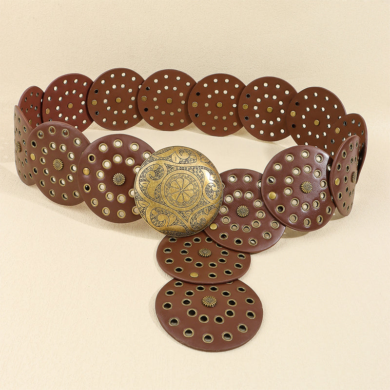 Retro Exaggerated Round Cutout Metal Wide Belt