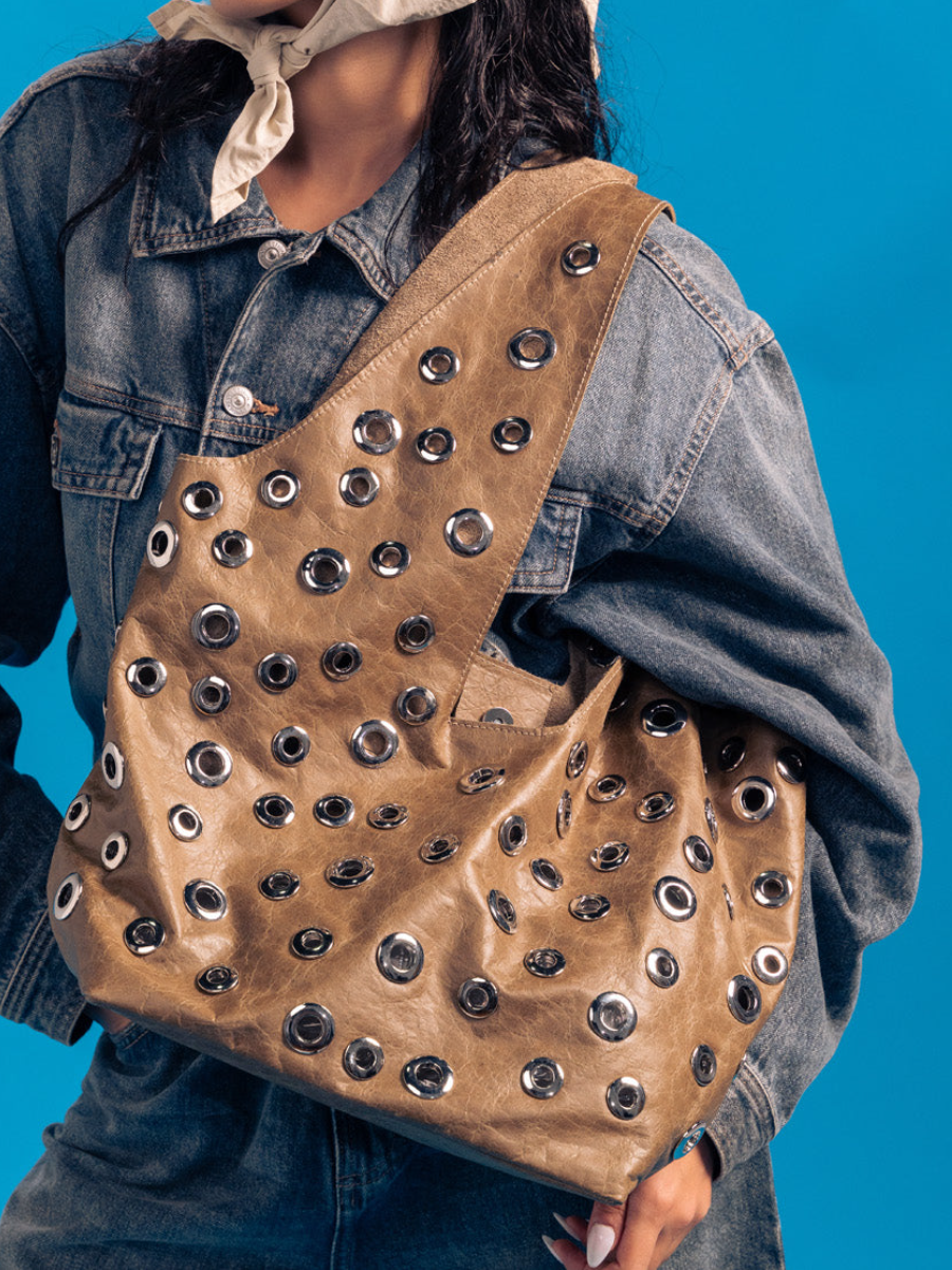 Faux Leather Silver Studded Shoulder Bag