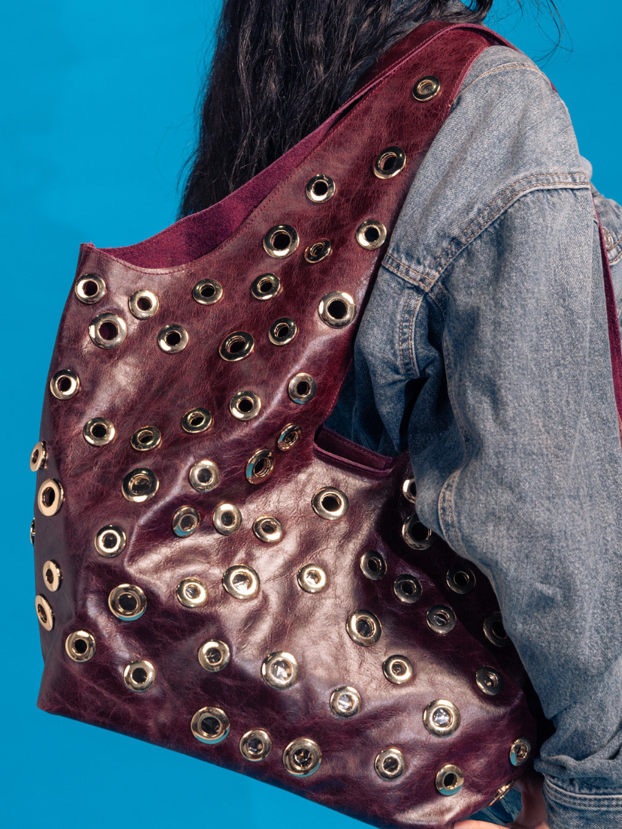 Faux Leather Silver Studded Shoulder Bag