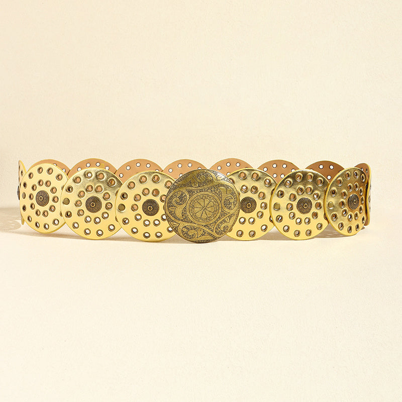 Retro Exaggerated Round Cutout Metal Wide Belt