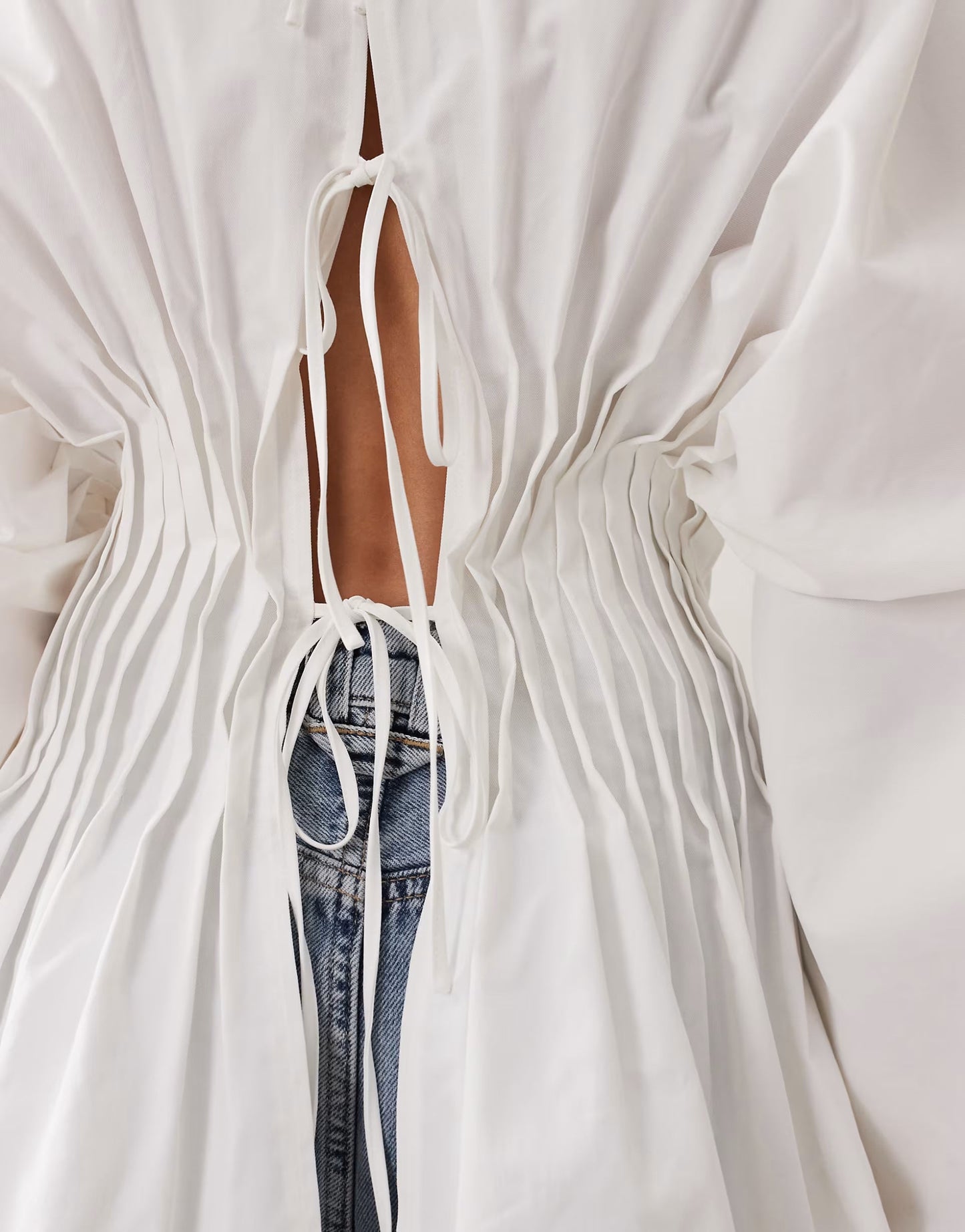 Volume Sleeve Pleated Cinched Waist Top In White