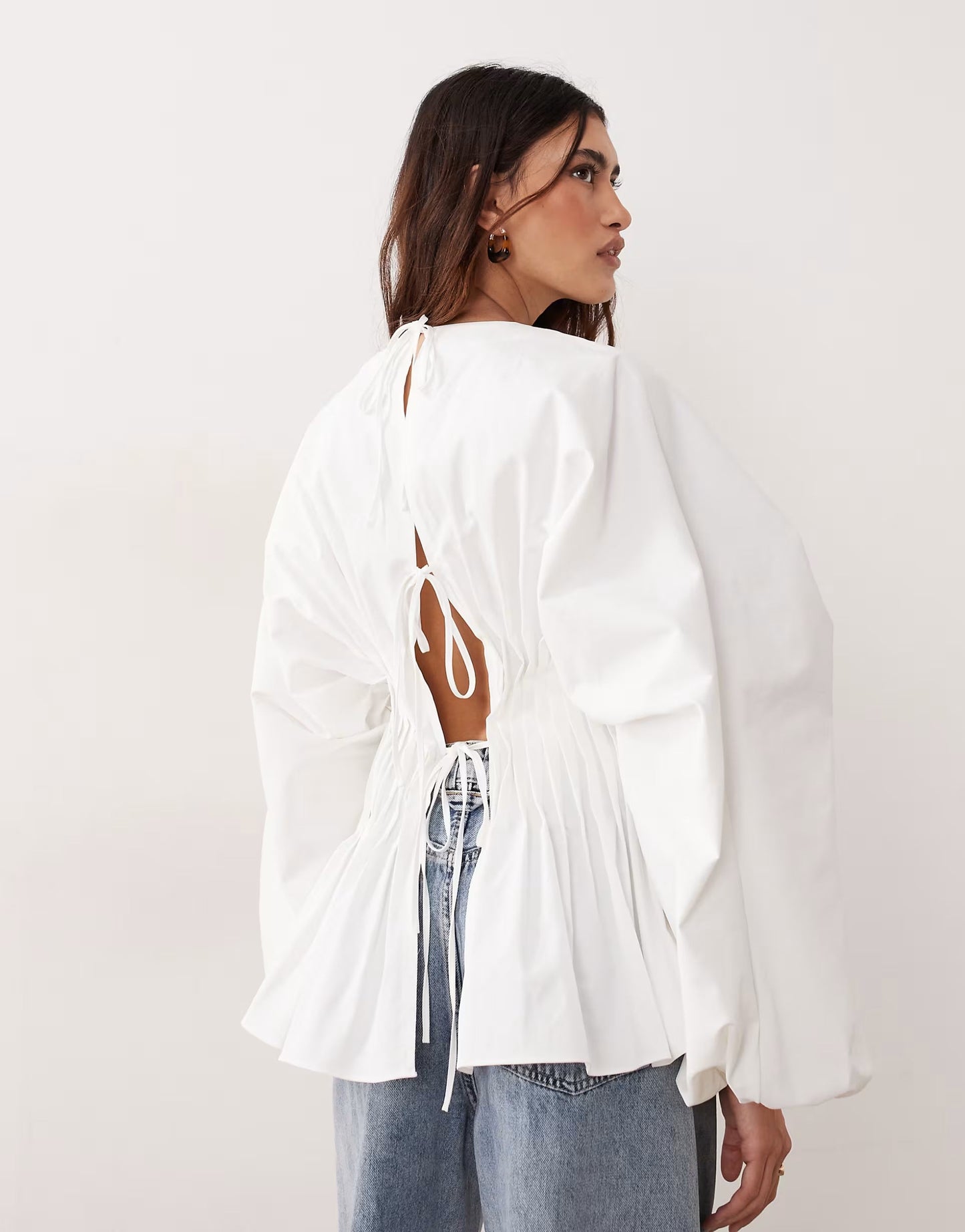 Volume Sleeve Pleated Cinched Waist Top In White
