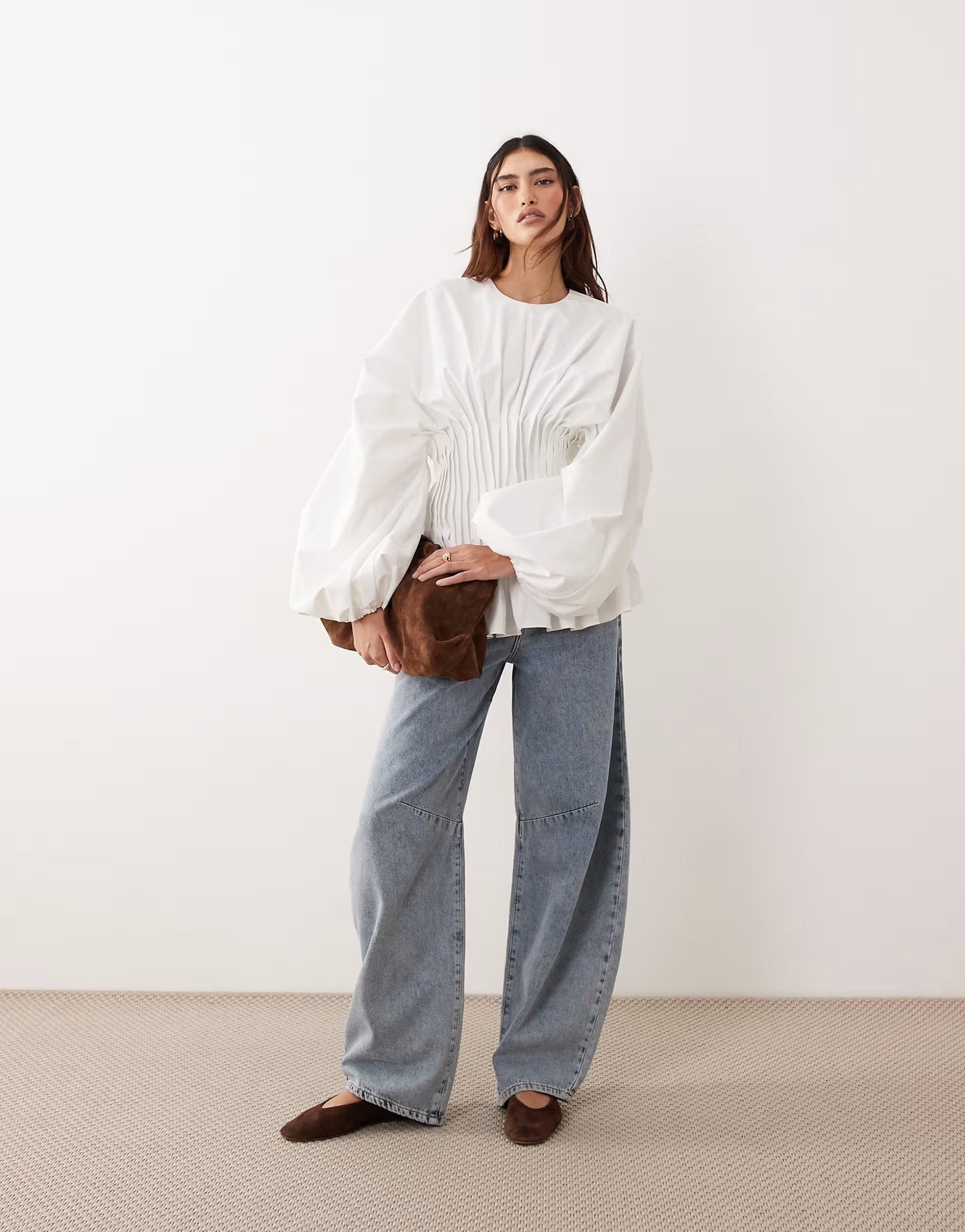 Volume Sleeve Pleated Cinched Waist Top In White