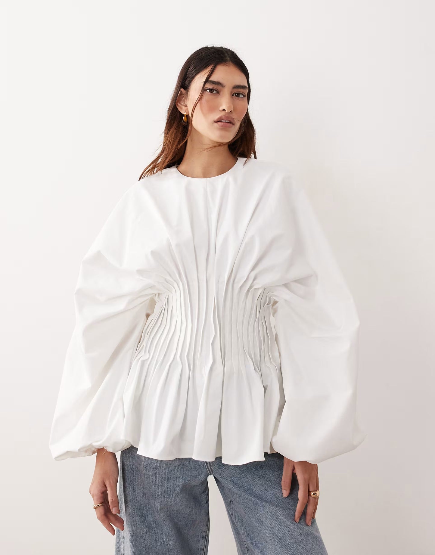 Volume Sleeve Pleated Cinched Waist Top In White