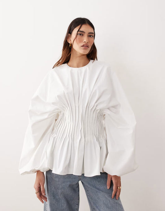 Volume Sleeve Pleated Cinched Waist Top In White