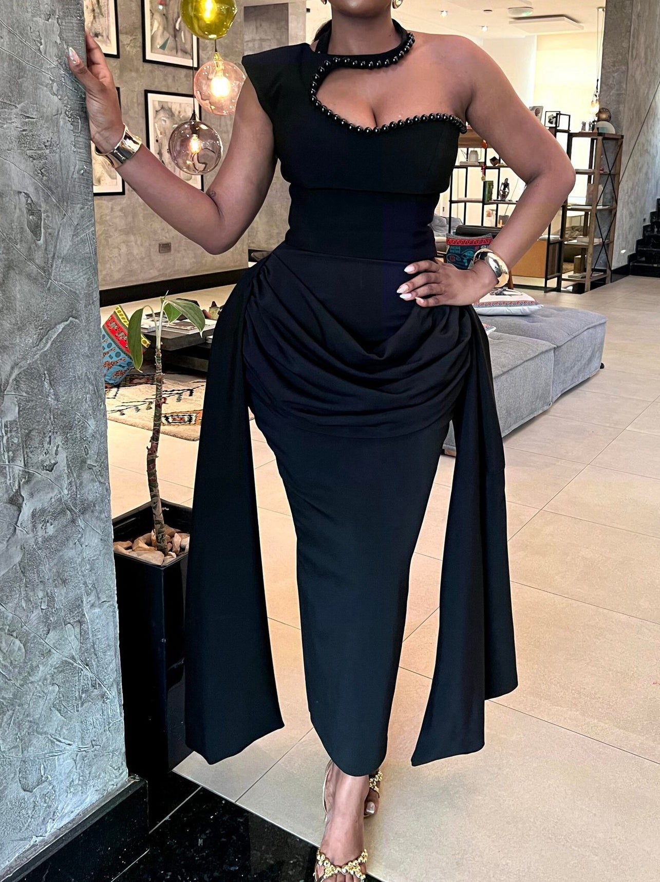 Embellished Draped Maxi Dress