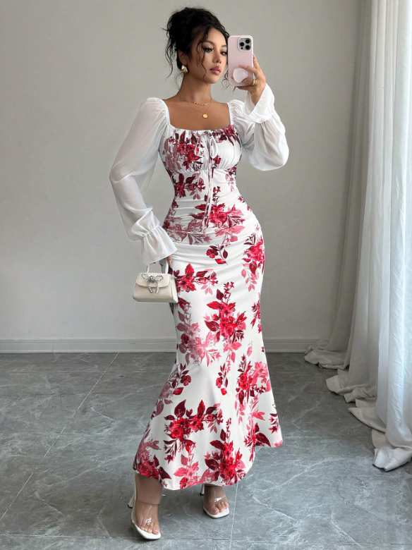 Women Square Neck Tie Bow Chiffon Puff Sleeve Dress-White Floral
