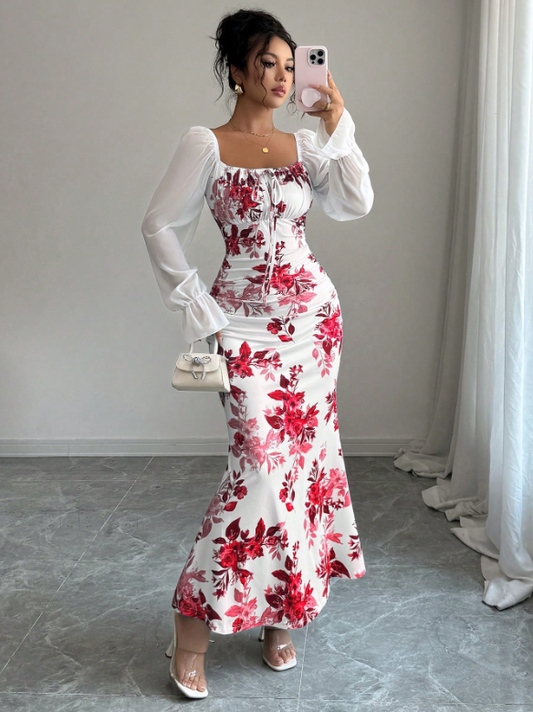 Women Square Neck Tie Bow Chiffon Puff Sleeve Dress-White Floral