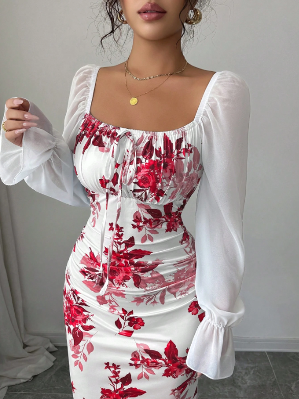 Women Square Neck Tie Bow Chiffon Puff Sleeve Dress-White Floral