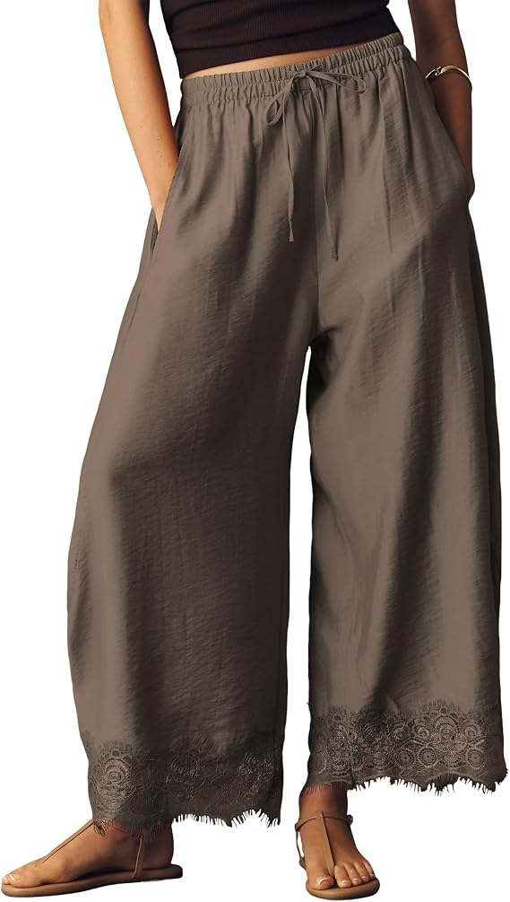 Summer High-Waisted Lace-Trimmed Wide-Leg Pants