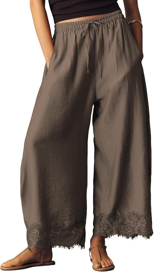 Summer High-Waisted Lace-Trimmed Wide-Leg Pants