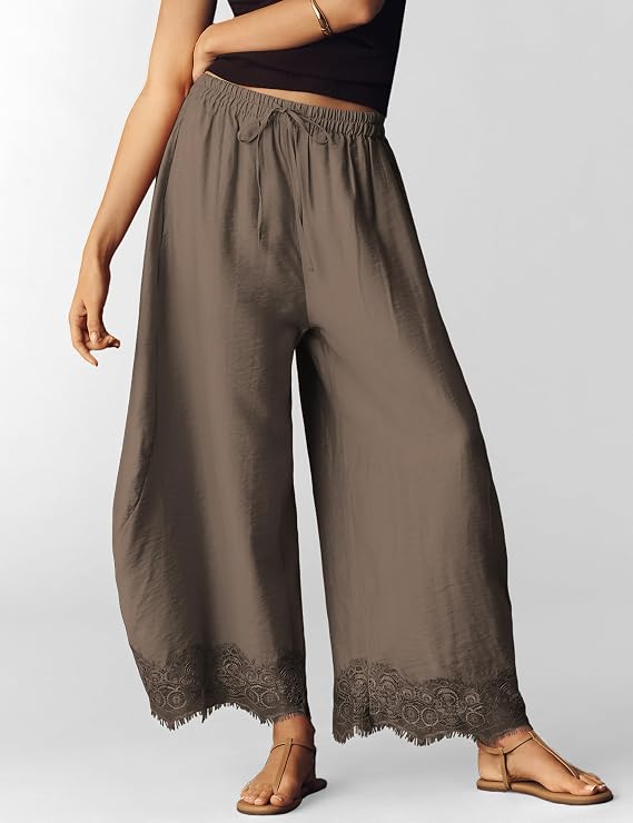Summer High-Waisted Lace-Trimmed Wide-Leg Pants