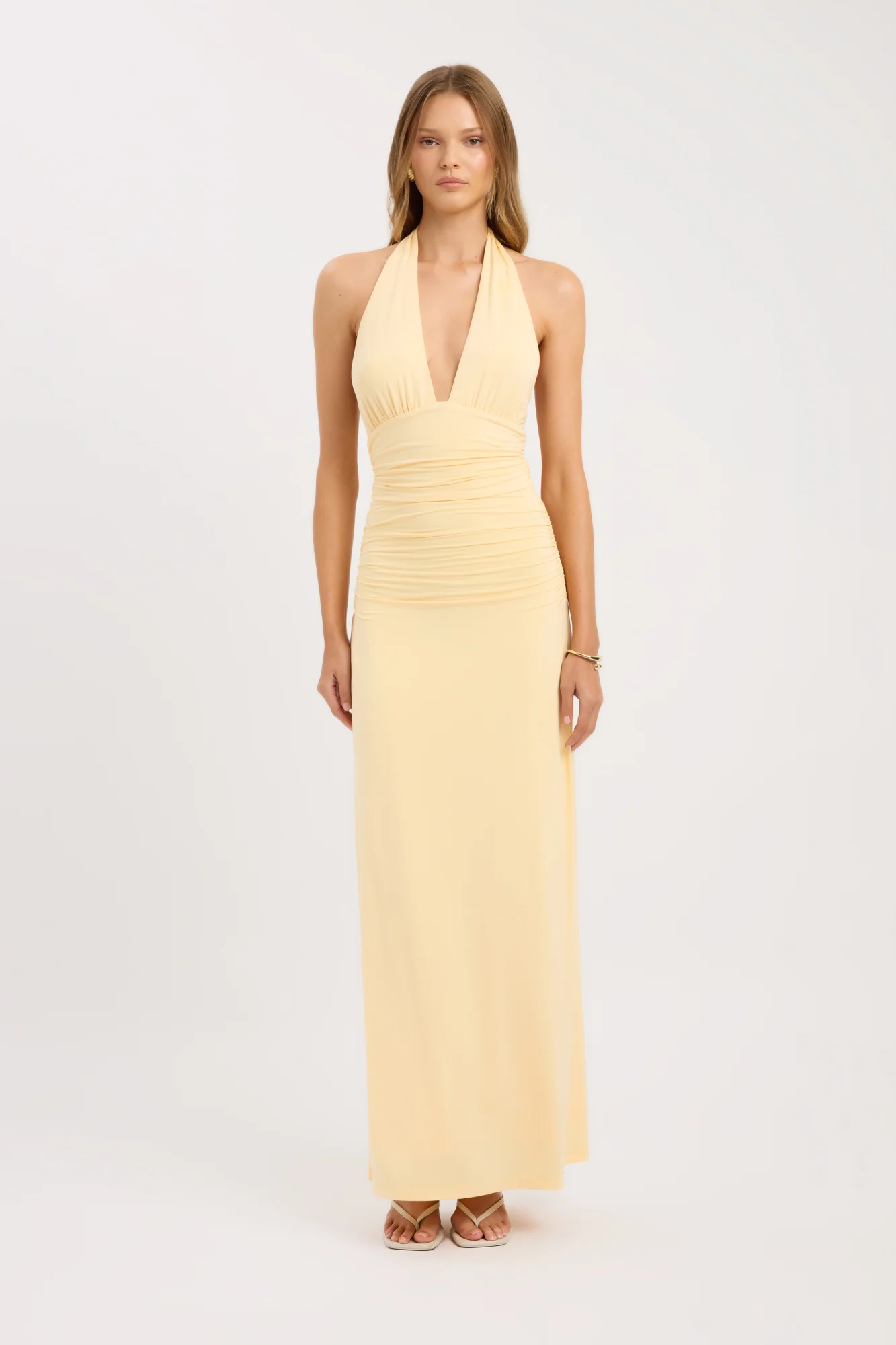 Women's Solid Color Tie-Neck Backless Ruched Long Dress