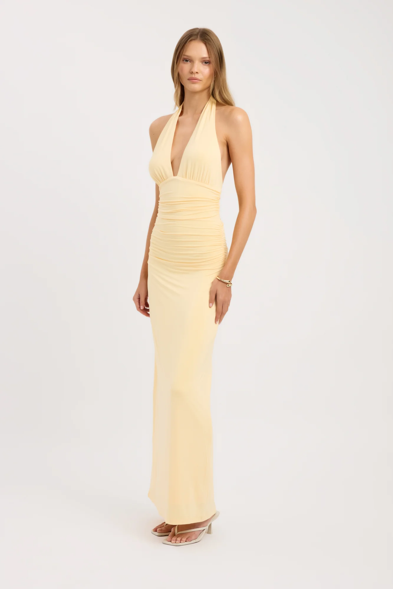 Women's Solid Color Tie-Neck Backless Ruched Long Dress