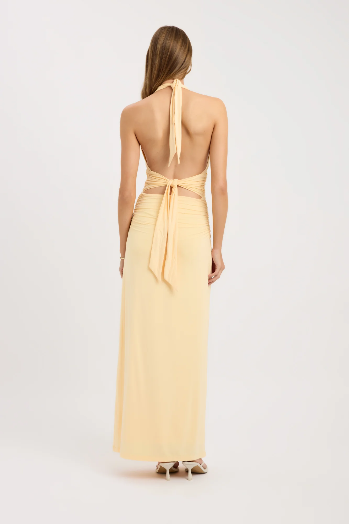 Women's Solid Color Tie-Neck Backless Ruched Long Dress