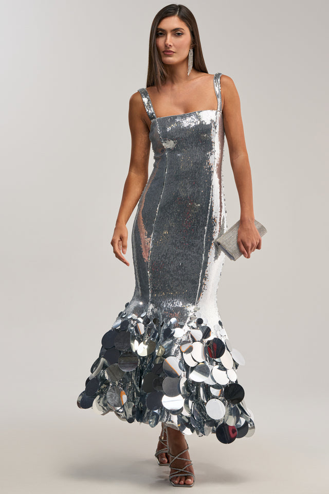LIFE OF THE PARTY SEQUIN MIDI DRESS IN SILVER