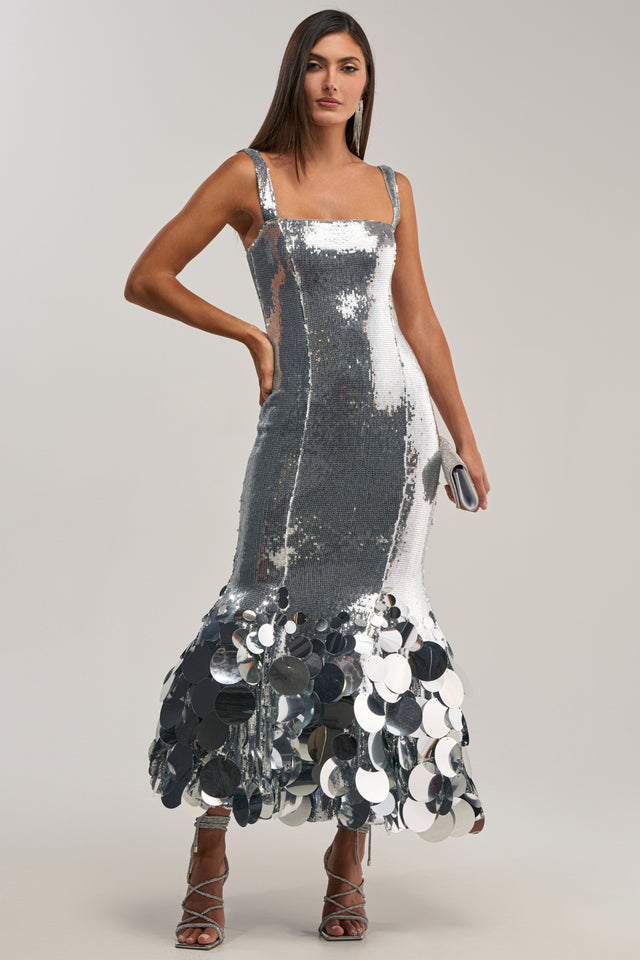 LIFE OF THE PARTY SEQUIN MIDI DRESS IN SILVER