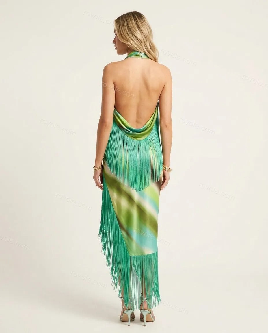 Halter Gradient Satin Fringe Slit Midi Dress