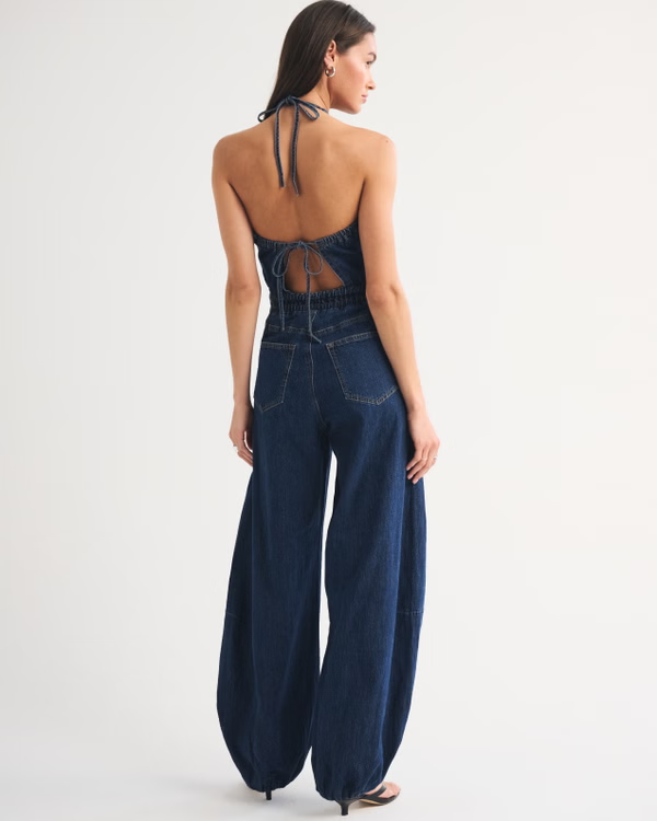High-Neck Linen-Blend Denim Balloon Leg Jumpsuit