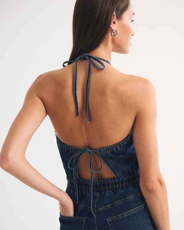 High-Neck Linen-Blend Denim Balloon Leg Jumpsuit