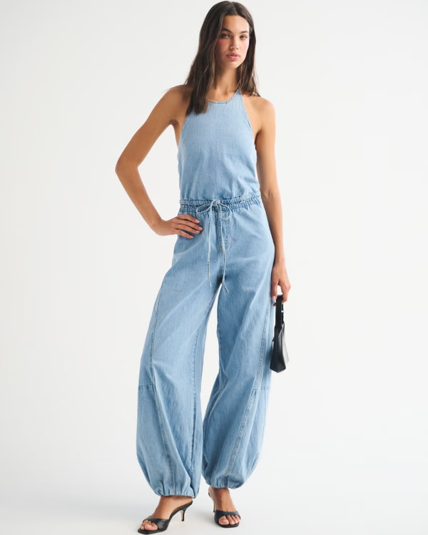 High-Neck Linen-Blend Denim Balloon Leg Jumpsuit