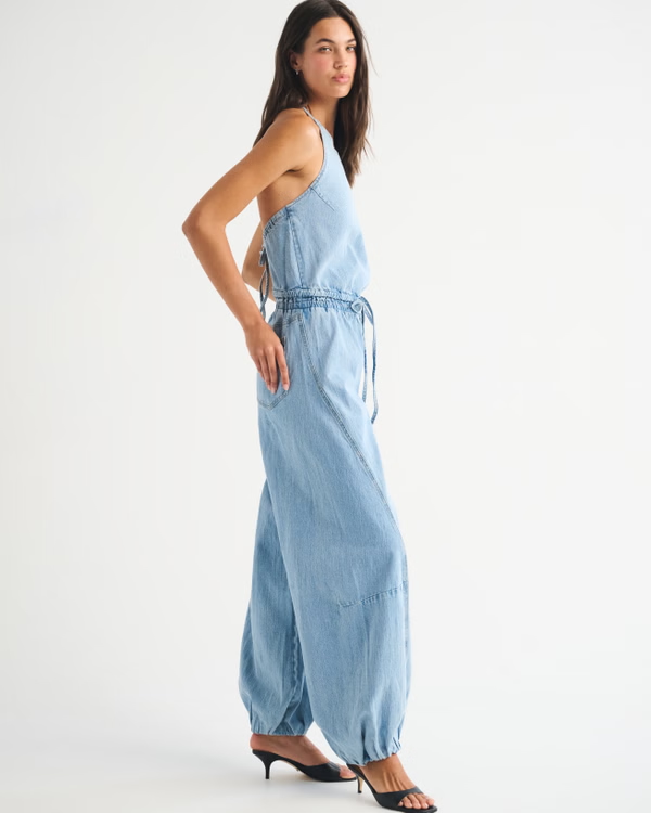High-Neck Linen-Blend Denim Balloon Leg Jumpsuit
