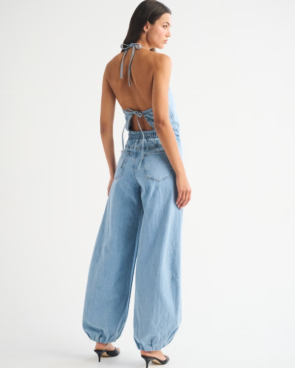High-Neck Linen-Blend Denim Balloon Leg Jumpsuit