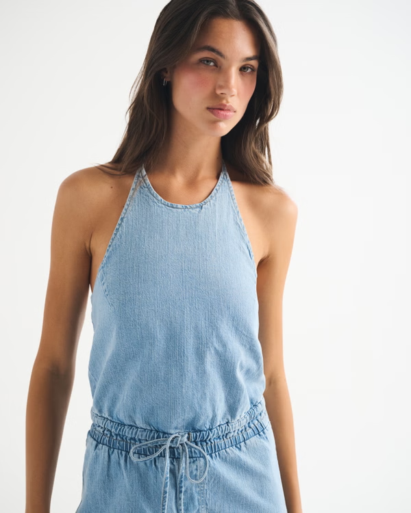 High-Neck Linen-Blend Denim Balloon Leg Jumpsuit
