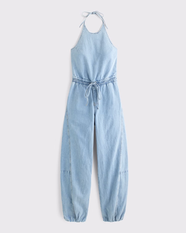 High-Neck Linen-Blend Denim Balloon Leg Jumpsuit