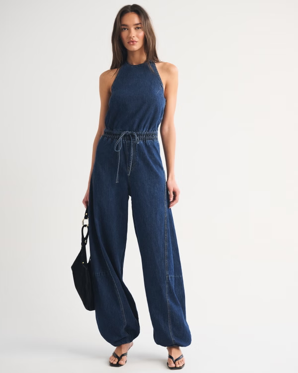 High-Neck Linen-Blend Denim Balloon Leg Jumpsuit